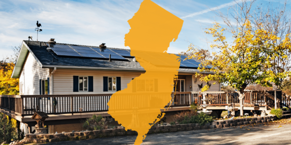 Overlay Of Slightly Transparent New Jersey Outline Atop Image Of Home With Rooftop Solar Panels