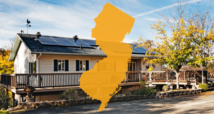 Overlay Of Slightly Transparent New Jersey Outline Atop Image Of Home With Rooftop Solar Panels