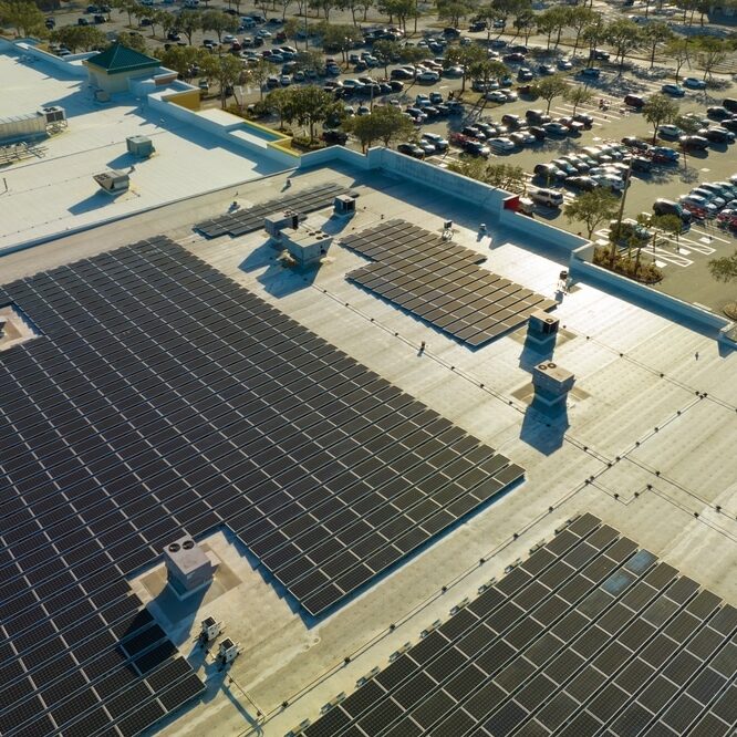 Solar panels on shopping mall roof